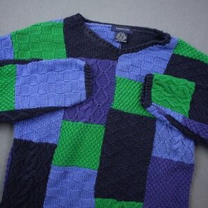 Vintage Eagles Eye Patchwork Crochet Boho Knit Sweater Blue V Neck Women's S